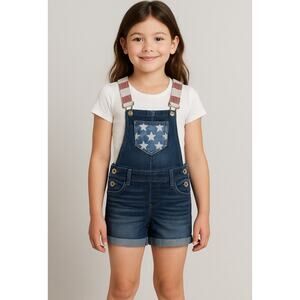 LEI Girls Stars & Stripes Denim Shortalls Overalls XS 4-5 Blue Shorts USA